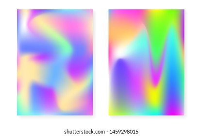 Hologram gradient background set with holographic cover. 90s, 80s retro style. Pearlescent graphic template for flyer, poster, banner, mobile app. Stylish minimal hologram gradient.