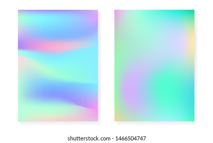 Hologram gradient background set with holographic cover. 90s, 80s retro style. Pearlescent graphic template for brochure, banner, wallpaper, mobile screen. Bright minimal hologram gradient.