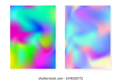 Hologram gradient background set with holographic cover. 90s, 80s retro style. Pearlescent graphic template for flyer, poster, banner, mobile app. Multicolor minimal hologram gradient.