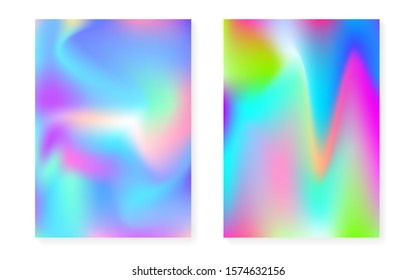 Hologram gradient background set with holographic cover. 90s, 80s retro style. Pearlescent graphic template for brochure, banner, wallpaper, mobile screen. Fluorescent minimal hologram gradient.