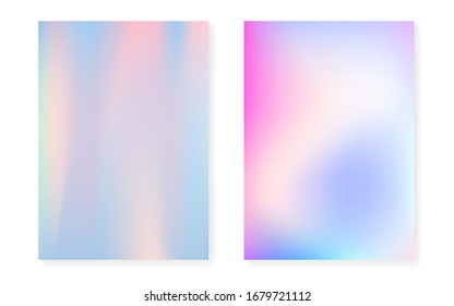 Hologram gradient background set with holographic cover. 90s, 80s retro style. Pearlescent graphic template for book, annual, mobile interface, web app. Plastic minimal hologram gradient.