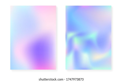 Hologram gradient background set with holographic cover. 90s, 80s retro style. Pearlescent graphic template for placard, presentation, banner, brochure. Neon minimal hologram gradient.