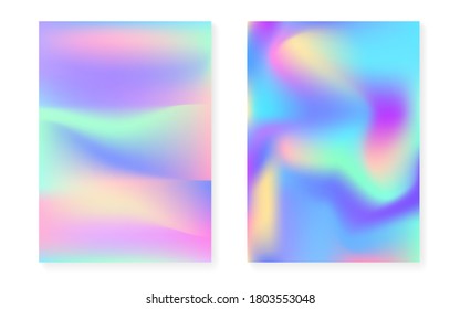 Conjunto de fondo de gradiente holograma con cubierta holográfica. Estilo retro de los años 90 y 80. Plantilla gráfica Pearlescent para volante, afiche, banner, aplicación móvil. Gradiente holograma mínimo brillante.