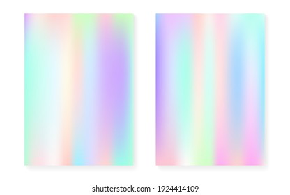 Hologram gradient background set with holographic cover. 90s, 80s retro style. Pearlescent graphic template for placard, presentation, banner, brochure. Spectrum minimal hologram gradient.