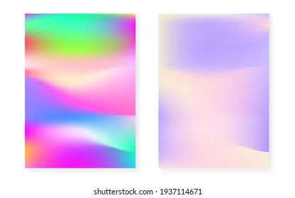 Hologram gradient background set with holographic cover. 90s, 80s retro style. Iridescent graphic template for placard, presentation, banner, brochure. Hipster minimal hologram gradient.