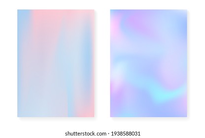 Hologram gradient background set with holographic cover. 90s, 80s retro style. Pearlescent graphic template for flyer, poster, banner, mobile app. Fluorescent minimal hologram gradient.