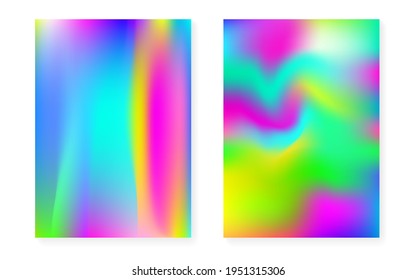 Conjunto de fondo de gradiente holograma con cubierta holográfica. Estilo retro de los años 90 y 80. Plantilla gráfica irlandesa para volante, afiche, banner, aplicación móvil. Gradiente holograma mínimo retro.