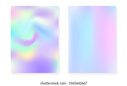 Hologram gradient background set with holographic cover. 90s, 80s retro style. Pearlescent graphic template for placard, presentation, banner, brochure. Hipster minimal hologram gradient.