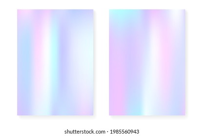 Hologram gradient background set with holographic cover. 90s, 80s retro style. Iridescent graphic template for flyer, poster, banner, mobile app. Fluorescent minimal hologram gradient.