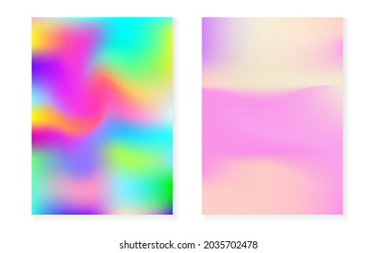 Hologram gradient background set with holographic cover. 90s, 80s retro style. Iridescent graphic template for brochure, banner, wallpaper, mobile screen. Colorful minimal hologram gradient.