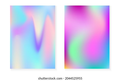 Hologram gradient background set with holographic cover. 90s, 80s retro style. Iridescent graphic template for brochure, banner, wallpaper, mobile screen. Bright minimal hologram gradient.