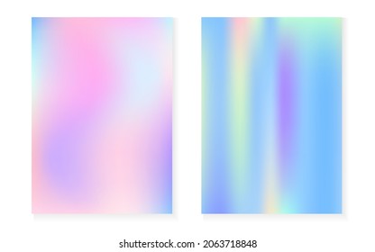 Hologram gradient background set with holographic cover. 90s, 80s retro style. Iridescent graphic template for placard, presentation, banner, brochure. Multicolor minimal hologram gradient.