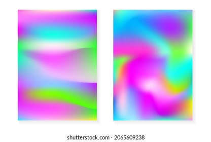Hologram gradient background set with holographic cover. 90s, 80s retro style. Iridescent graphic template for placard, presentation, banner, brochure. Stylish minimal hologram gradient.