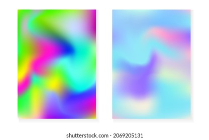 Hologram gradient background set with holographic cover. 90s, 80s retro style. Iridescent graphic template for flyer, poster, banner, mobile app. Spectrum minimal hologram gradient.