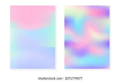 Hologram gradient background set with holographic cover. 90s, 80s retro style. Pearlescent graphic template for brochure, banner, wallpaper, mobile screen. Creative minimal hologram gradient.
