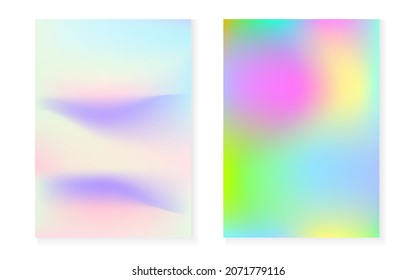 Hologram gradient background set with holographic cover. 90s, 80s retro style. Iridescent graphic template for placard, presentation, banner, brochure. Creative minimal hologram gradient.