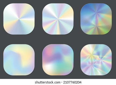 Hologram gradient background set with holographic cover. 90s, 80s retro style. Pearlescent graphic template for flyer, poster, banner, mobile app. Plastic minimal hologram gradient.