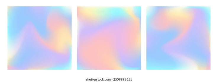 Hologram gradient backgrounds. Vector blurred holo spectrum backdrops. Unicorn pastel gradients. Holographic square set. Abstract iridescent social media bg. Dreamy colors winter fairytale 3d hologram