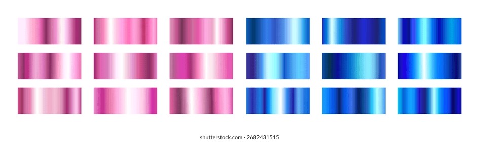 Conjunto de degradado de holograma con texturas de marco metálico para Elementos de diseño modernos. Rectángulos iridiscentes de color rosa y azul con acabado brillante para el fondo o la superposición. muestras metálicas con superficie reflectante