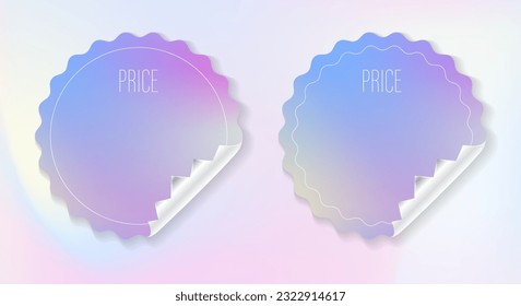 Hologram gradient texture price tag label sticker. isolated rounded plastic mockup, White adhesive round, and rectangular price tags sticker, blank fold corner paper mockup. Vector cardboard labels s