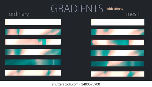 Hologram gradients with effects. Composition metal color. Set or palette. Mesh and regular gradients. Golden colors. For designers. Vector illustration. Graphic resources. Holiday colors. 