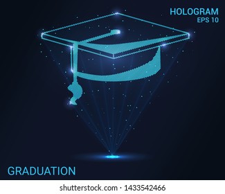 Hologram graduation. Holographic projection of the graduate's cap. Flickering energy flux of particles. Scientific design education.