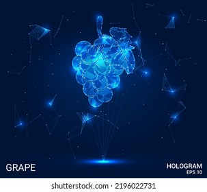 Un holograma de uvas. Las uvas están hechas de polígonos, triángulos de puntos y líneas. El icono de la uva es una estructura compuesta de poco polo. Vector de concepto de tecnología.