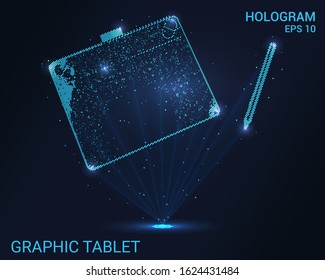 Hologram graphic tablet. Holographic projection graphic tablet and stylus. Flickering energy flux of particles. Scientific design electronics.