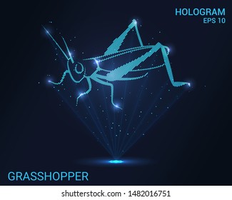 Hologram grasshopper. Holographic projection of grasshopper. Flickering energy flux of particles.