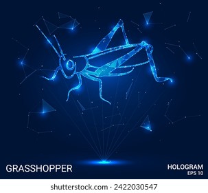 A hologram of a grasshopper. A grasshopper made of polygons, triangles of points and lines. Grasshopper low-poly compound structure. Technology concept vector.