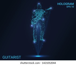 The hologram guitarist. Holographic projection guitarist. Flickering energy flux of particles. Scientific music design.