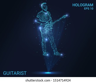 The hologram guitarist. Holographic projection guitarist. Flickering energy flux of particles. Scientific design music.