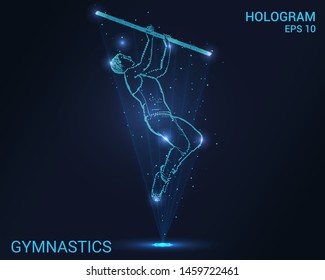 Hologram gymnastics. Holographic projection of a male gymnast. Flickering energy flux of particles. Scientific sports design.