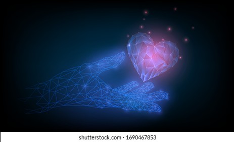 Hologram Hand Holds A Luminous Heart, Virtual Love Concept