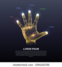 Hologram hands of lines and points. Scanning fingers. Personal identification. Data protection. Identity recognition. Polygon model. Vector illustration