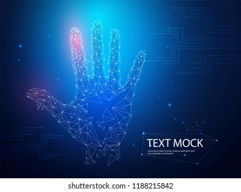 Hologram hands of lines and points. Scanning fingers. Personal identification.