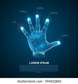 Hologram hands of lines and points. Scanning fingers. Personal identification.