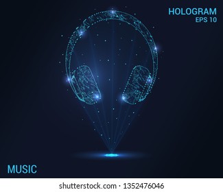 Hologram headphones. Digital and technological background music. Futuristic headphone design