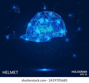 Holograma de casco. Casco de construcción de polígonos, triángulos de puntos y líneas. El casco tiene una estructura compuesta baja de polillas. Vector de concepto de tecnología.