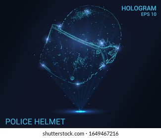 The hologram of the helmet of a policeman. Holographic projection of the police helmet. Flickering energy flux of particles.