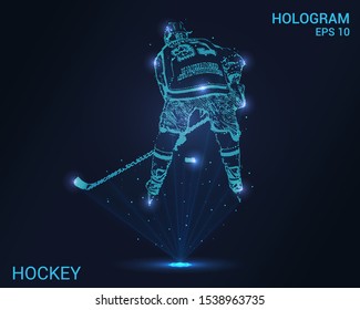 Hologram hockey. Holographic projection of a hockey player. Hockey player rear view.