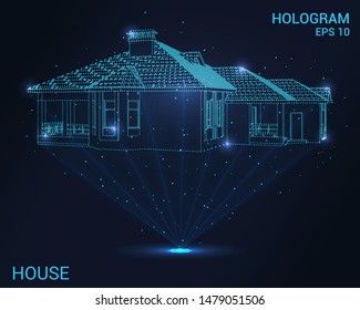 Hologram house. Holographic projection of the cottage. Flickering energy flux of particles. Scientific design architecture.