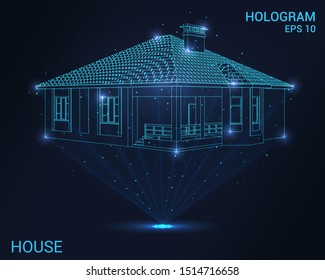 Hologram house. Holographic projection of the house. Flickering energy flux of particles.