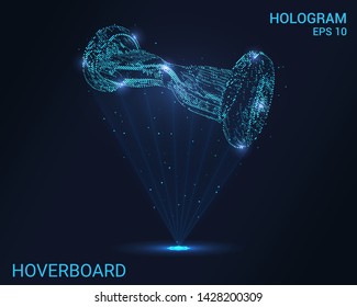 Hologram hoverboard. A holographic projection of a hoverboard. Flickering energy flux of particles. Scientific leisure design.