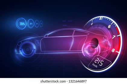 Hologram In HUD UI Style. Futuristic Car Service, Scanning And Auto Data Analysis,Virtual Graphical Interface . Vector  Illusatration