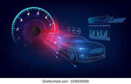 Hologram in HUD UI style. Futuristic car service, scanning and auto data analysis,Virtual Graphical Interface . Vector  illusatration