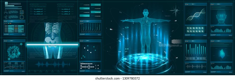 	
Hologram Human anatomy and skeleton. Abstract health hud ui interface element of medical science. Virtual Body Hi Tech Diagnostic Panel, Medicine, Clinic Researchers - Illustration Vector