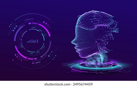 Hologram human face on portal platform ai background. Podium teleport with neon light and women particle face. Artificial intelligence futuristic technology high tech hud. Vector illustration.	
