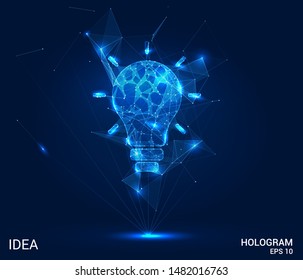 Hologram idea. A light bulb made of polygons, triangles of points and lines. The idea is a low poly connection structure. Technology concept.