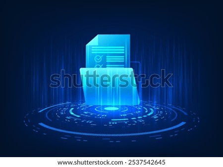 Hologram image of a digital storage technology document file projected, showing a digital document file stored on a secure Internet-based server.